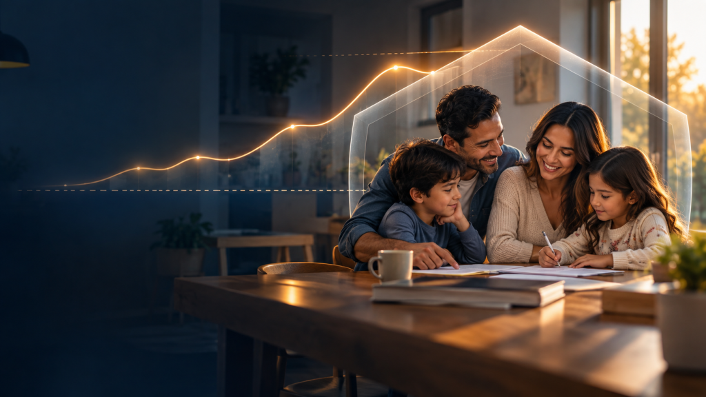 Familia latina planeando su futuro financiero con un seguro de vida indexado IUL