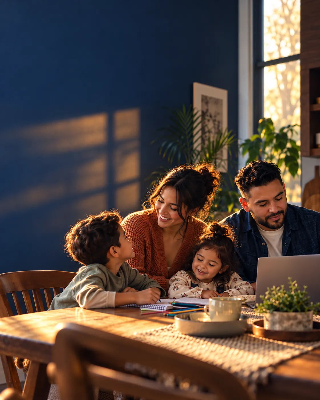 Familia latina reunida en la mesa del comedor