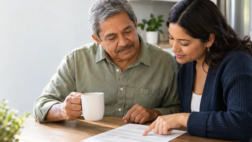 Hombre latino mayor revisando un formulario con su hija