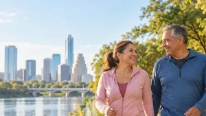 Pareja latina activa de 60 años caminando junto al río en la ciudad