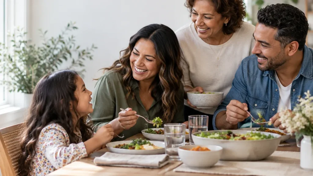 Familia latina de tres generaciones compartiendo la comida en casa